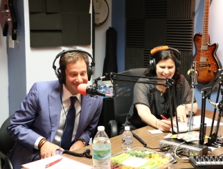 Barry Beck (left) in the podcast studio with host Susan Reda (right)